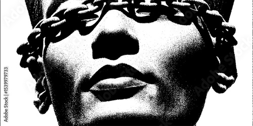 Symbolic representation of nefertiti's bust with cracked surface and heavy chain crown