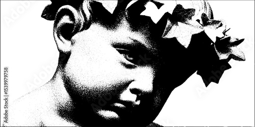 Cracked cherub statue with ivy wreath for decorative design and art concepts