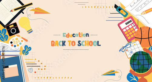 Education theme illustration celebrating back to school with learning tools. Vector illustration