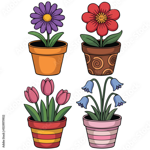 Room plants in clay pots vector isolated white background