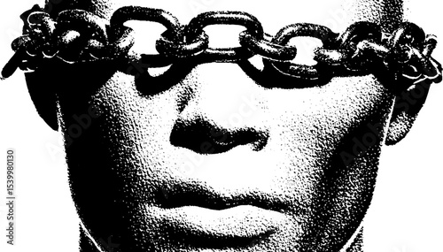 Bold cinematic portrait of a cracked greek bust adorned with a crown and chunky chain