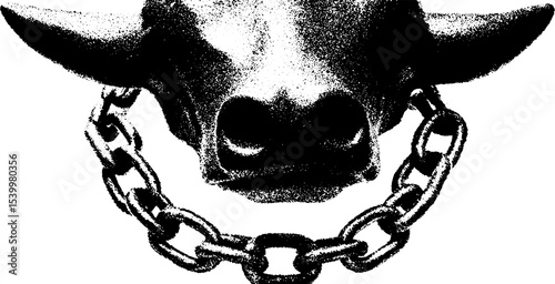 Cracked minotaur bust with horns and chain in high contrast style