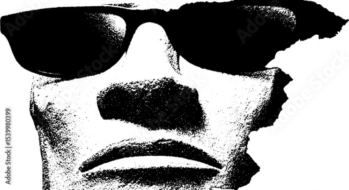 Tribal tattoo-inspired cracked moai head with sunglasses artwork for bold design
