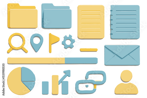 Flat lay collection of business and digital tools icons including folders, email, graph, link, user profile, and more in yellow and blue design