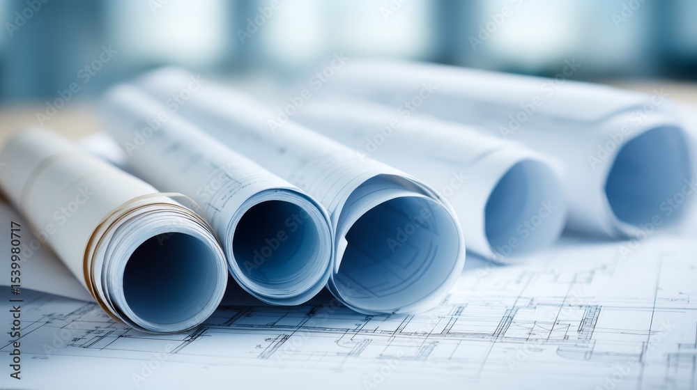 Fototapeta premium Modern architectural blueprint with precise technical drawing, rolled and unrolled plans on pale blueprint background, suitable for design visualization and construction planning