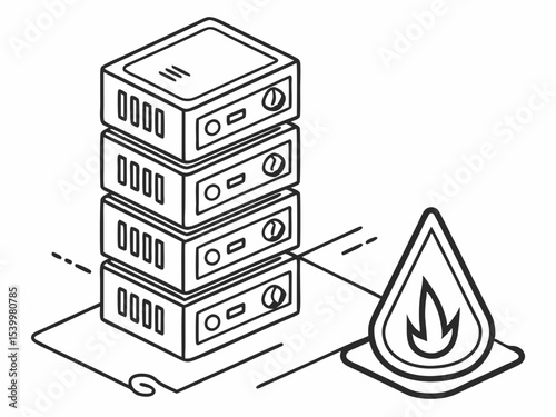 Professional Minimal Line Icon Of A Server Stack With A Flame S Symbol