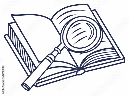 Stylish Clean Line Art Icon Of A Book With A Magnifying Gl Vector
