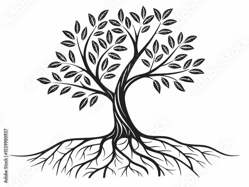 Stylish Clean Line Art Icon Of A Tree With Roots And Leave Icon