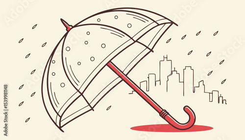 Unique transparent umbrella displayed against simple backdrop, showcasing elegance and utility during a rainy day in a vibrant urban setting 