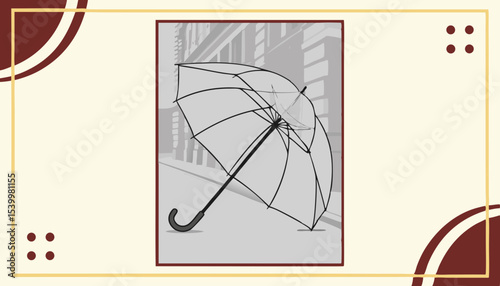 Unique transparent umbrella displayed against simple backdrop, showcasing elegance and utility during a rainy day in a vibrant urban setting 