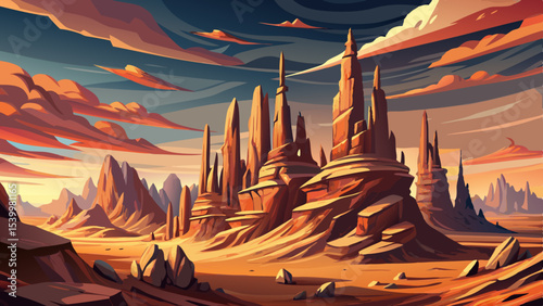 wind-sculpted rock spires in an arid desert landscape under a clear sky vector ideal for geology, nature, and wilderness themes