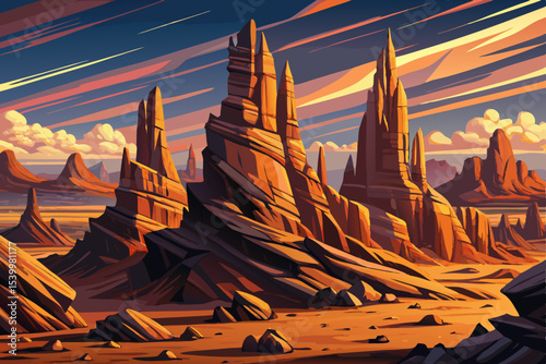 wind-sculpted rock spires in an arid desert landscape under a clear sky vector ideal for geology, nature, and wilderness themes