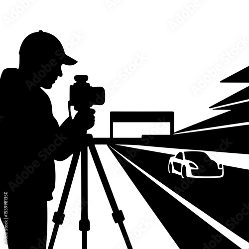 Silhouette of a car and motorsport photographer taking pictures at a race  