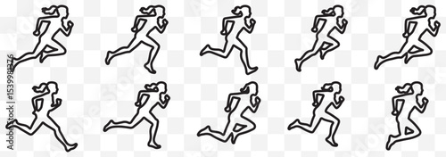 runner silhouette vector set, running woman sequence, motion, athletic vector illustration, dynamic jog, fitness movement animation eps 10