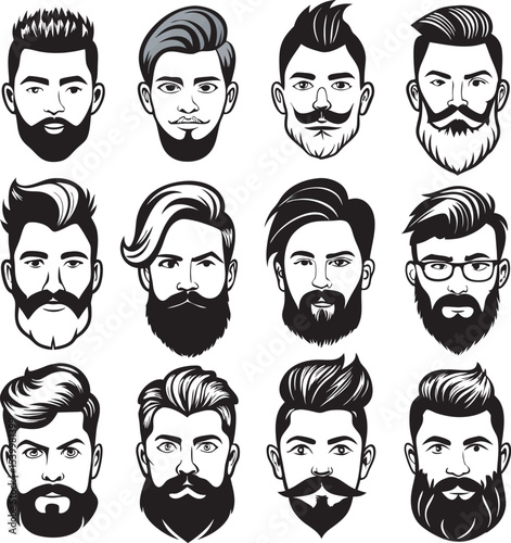 This collection of black and white images showcases various modern and classic men's hairstyles, ranging from short and neat to longer and more stylized cuts.