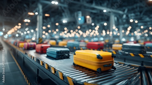 colorful luggage on airport baggage conveyor, travel logistics and airport operations
