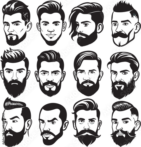This collection of black and white images showcases various modern and classic men's hairstyles, ranging from short and neat to longer and more stylized cuts.