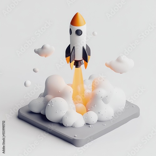 3D rocket launching from a gray platform, surrounded by white smoke and clouds