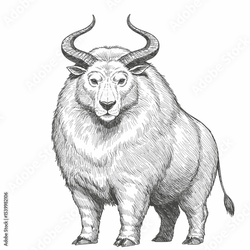Gaur – Bos gaurus. A detailed sketch of a yak featuring large curved horns and thick fur. The black-and-white illustration captures the animal's rugged nature, suitable for wildlife and nature themes.