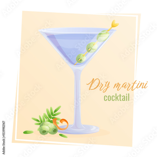 Cocktail dry martini in a glass, olives on a skewer, on a yellow background. The concept of a party, cocktail bar, summer. Isolated vector illustration for menu design, posters, banners, covers