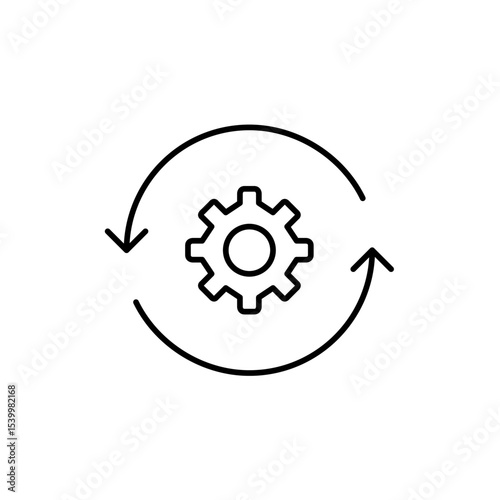 Cogwheel in refresh arrows. System update, automated maintenance, background processing, configuration sync, settings refresh. Pixel perfect, editable stroke vector icon