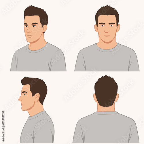 Man, male face portrait, Front, profile, side view and back, vector illustration 