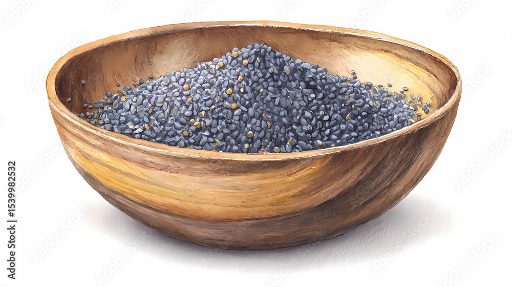 Watercolor Illustration of Poppy Seeds in a Wooden Bowl – Culinary Spice and Nutritional Seeds on White Background Watercolor Illustration of Poppy Seeds in a Wooden Bowl – Culinary Spice and Nutritional Seeds on White Background