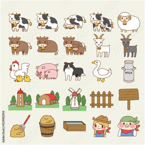 Farm Life Illustration: Animals, Barn, Windmill & Rural Items