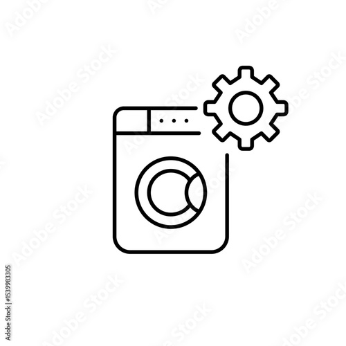 Washing machine and cogwheel. Home appliances settings and configuration. Washing program setup. Pixel perfect, editable stroke vector icon