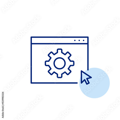Cogwheel on web page and mouse click. Configuration options, system preferences, user customization, admin tools, backend controls. Pixel perfect, editable stroke vector icon