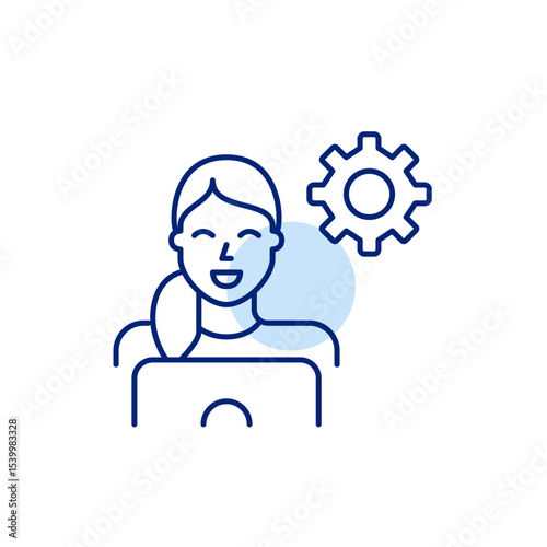 Woman at laptop and cogwheel. Remote tech support, software development, system configuration and IT management. Pixel perfect, editable stroke vector icon