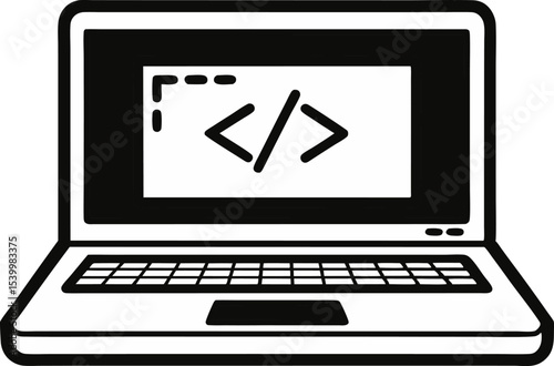 Laptop With Code Icon Line Art Vector Illustration