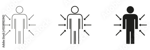 Human Body With Arrows Icon Set. Pressure, Stress, And Influence Representation Outline And Silhouette Symbol Collection. Concept Of External Forces And Impact. Isolated Vector Illustration