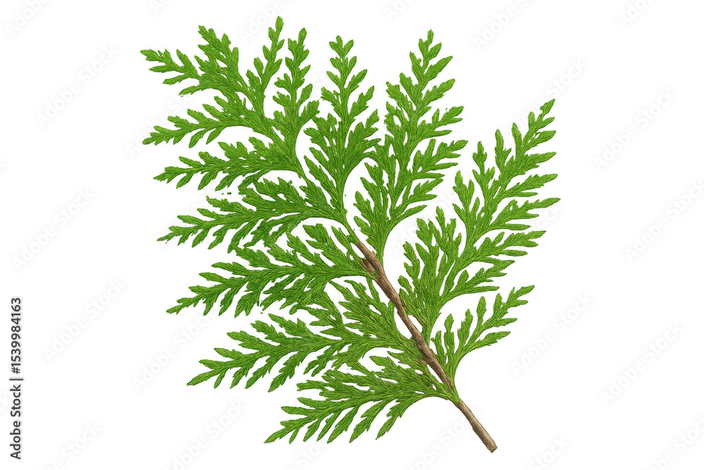 Fototapeta premium Green thuja branch close-up, revealing intricate needles and textures, highlighting botanical details against pristine white backdrop