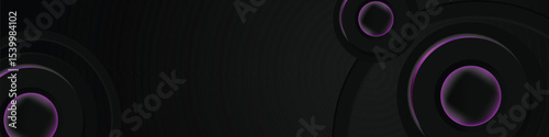 Abstract black circle dimensional horizontal banner background with purple neon light design