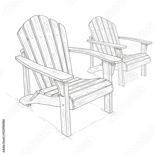 Rustic adirondack chairs showcasing a comfortable outdoor seating. The sketch features two wooden chairs with detailed slats and curves, set on a simple surface. Represents outdoor furniture with a na