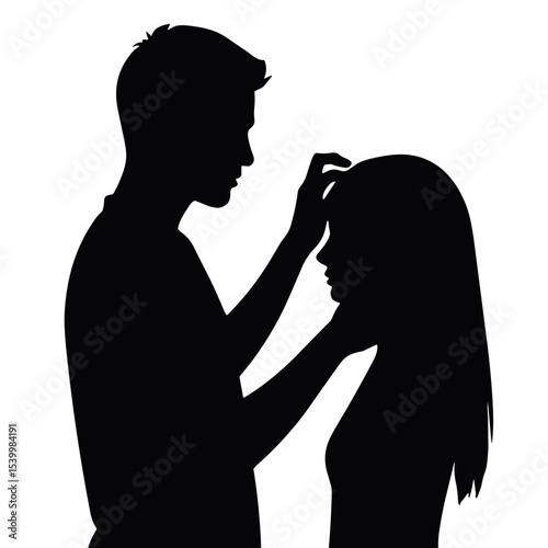 Silhouetted couple tenderly fixing hair before shoot for Photographer's Day  