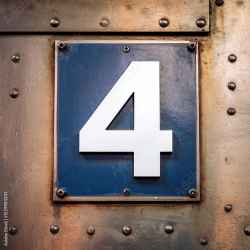 Industrial metal sign with bold white number four on blue plate
