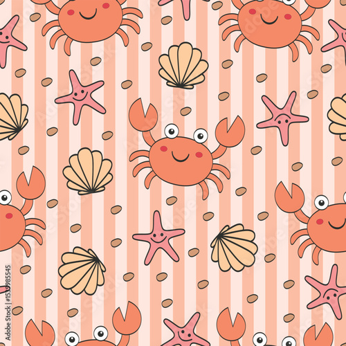 Seamless summer pattern with crabs seashells and starfish on a striped background. Perfect for Prints, Wrapping Paper, Wallpaper, Textiles, Stationery, and Fabric