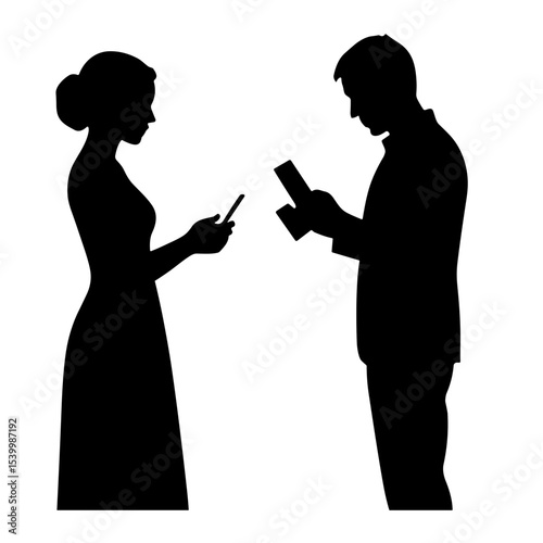 Silhouette of man and woman using smartphones while standing together, concept of Photographer's Day  