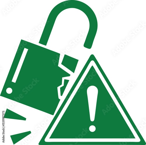 Green open lock and exclamation point warning symbol for security risks