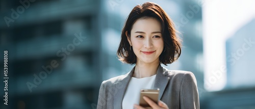 Stylish well dressed woman with a warm assured smile as she uses her mobile phone in a modern high rise office environment demonstrating her business acumen and professionalism
