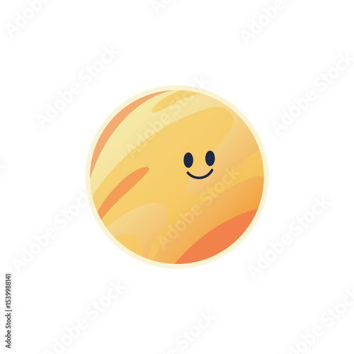Cute Jupiter planet character. The giant planet of the Solar system. Cartoon space object. Vector illustration