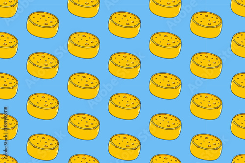 Cheese block seamless pattern on blue background. cheddar colorful doodle pattern background. cheeses wheels isolated motif wallpaper. foods label, packaging and merchandise