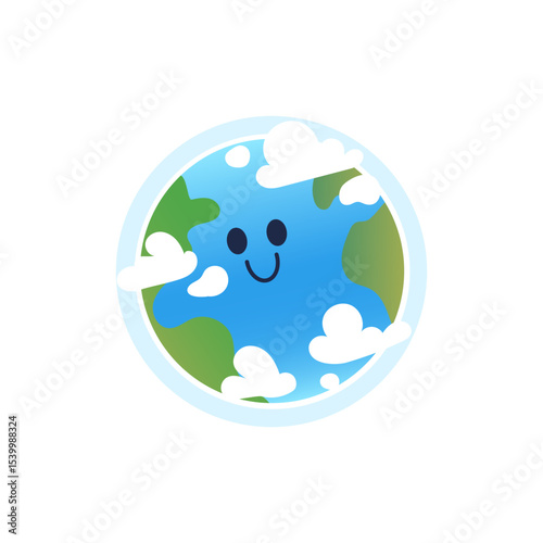 Cartoon Earth Character. Happy Planet. World earth day symbol. Cute globe among the clouds. Vector  illustration