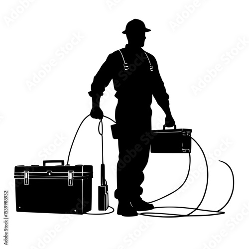 “Silhouette of an electrician holding wire roll and tool box”