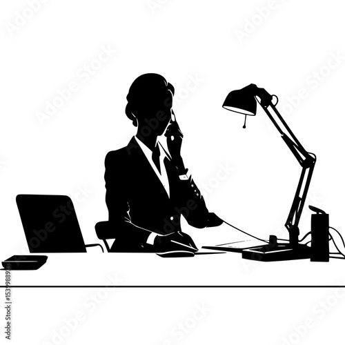  “Silhouette of a receptionist answering phone at desk”