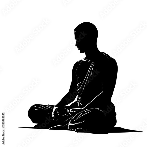 Silhouette of a monk sitting cross-legged in meditation posture