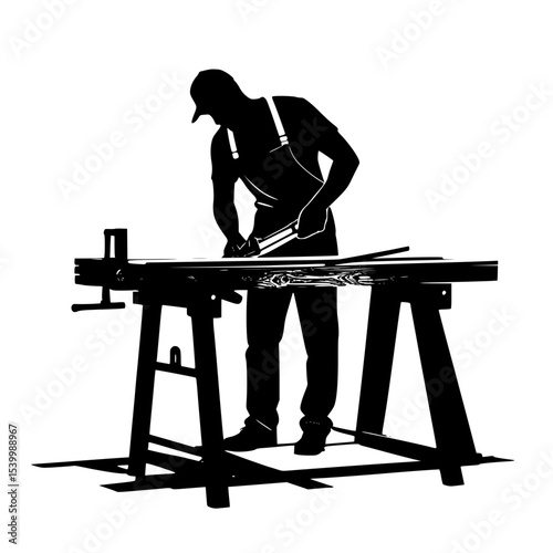 “Silhouette of a carpenter sawing wood on workbench”