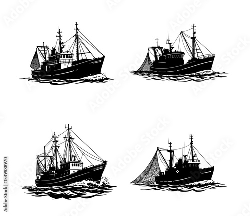 Four black and white illustrations of fishing boats in various states.